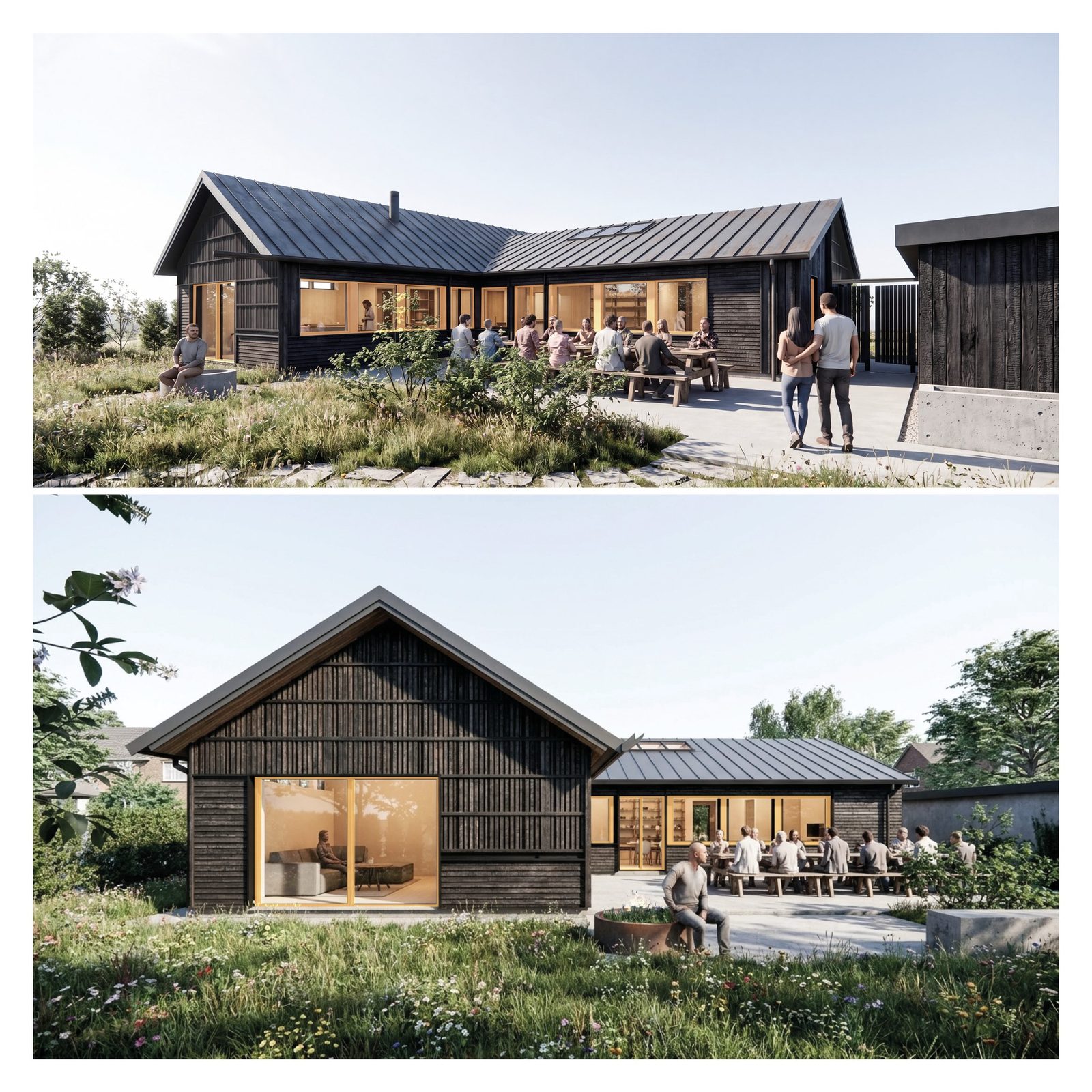 FREM.OP.HUS: det transformerede hus i Birkerød med ny gavl på tilbygningen, mørkt brændt træ og eng.