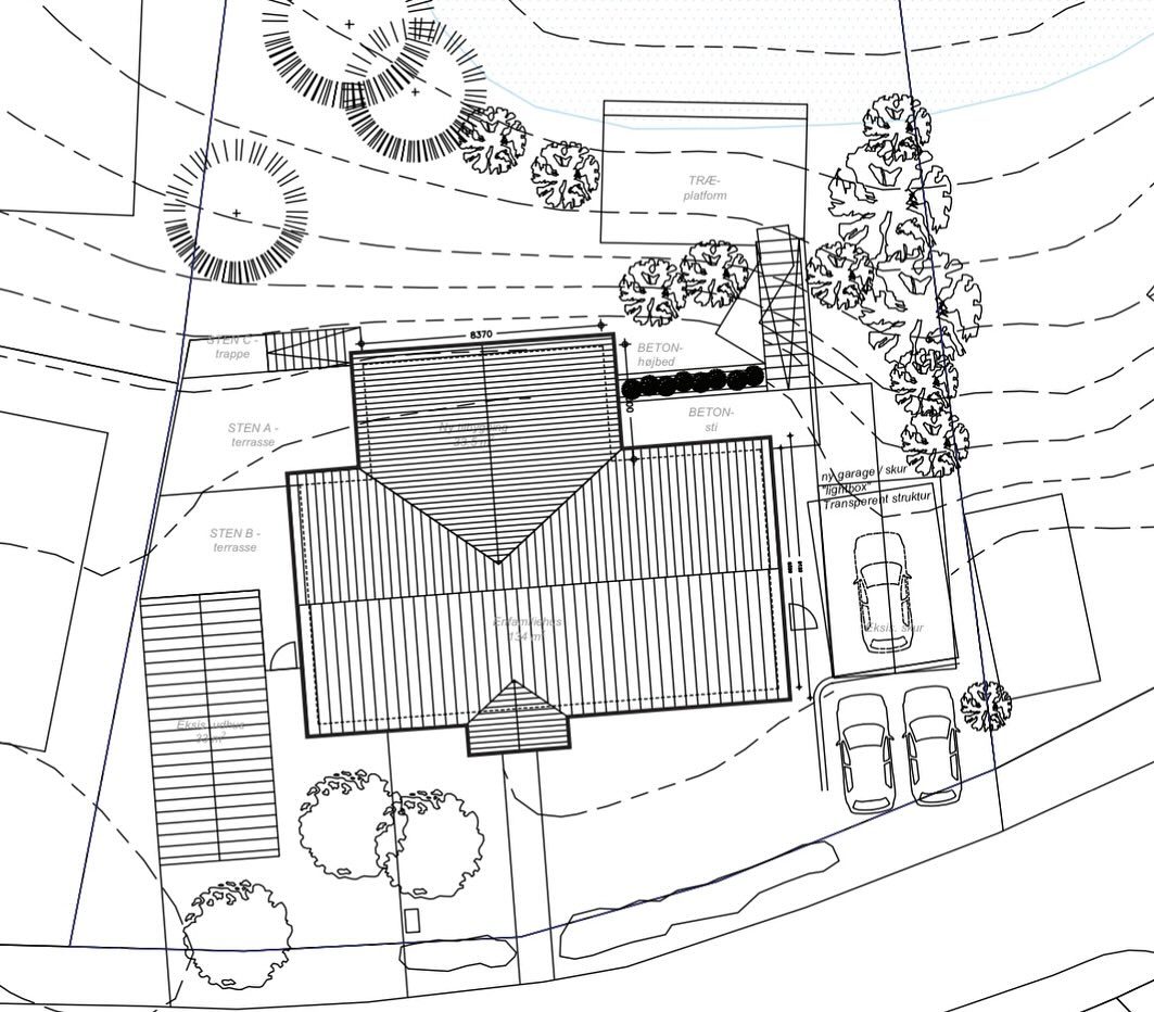 Situationsplan for Gavlhuset med grund, sø og terrasser.