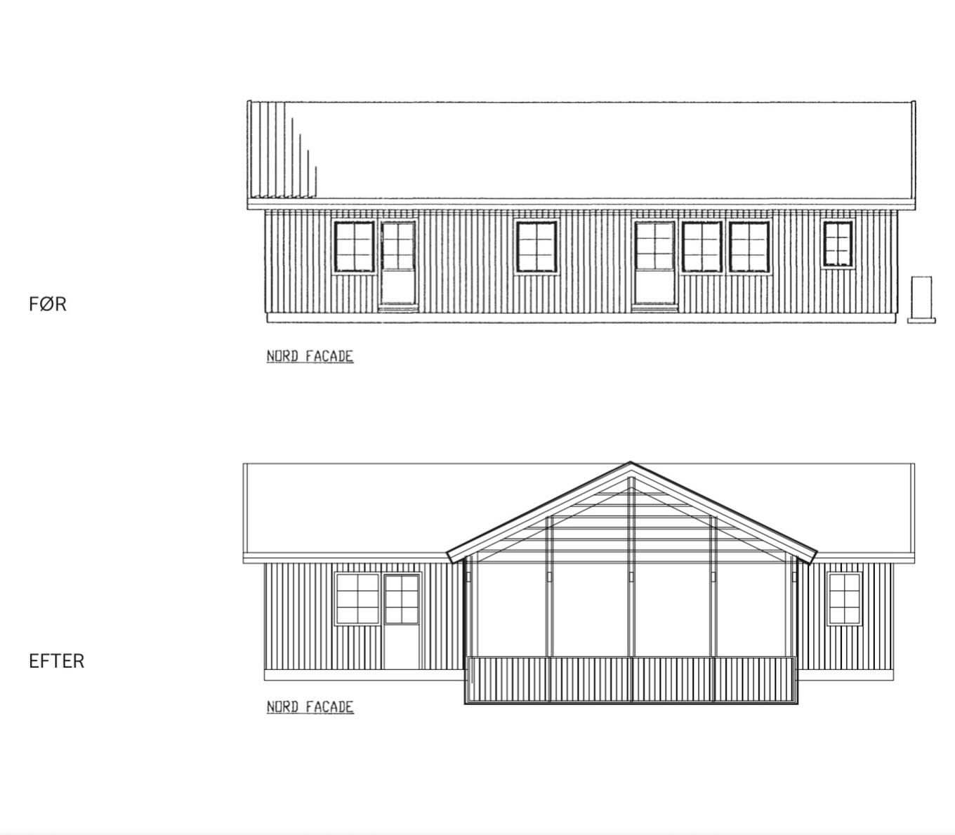 Nordfacaden af Gavlhuset før og efter: det eksisterende hus i grafit, og den nye gavl med glasparti tegnet op.