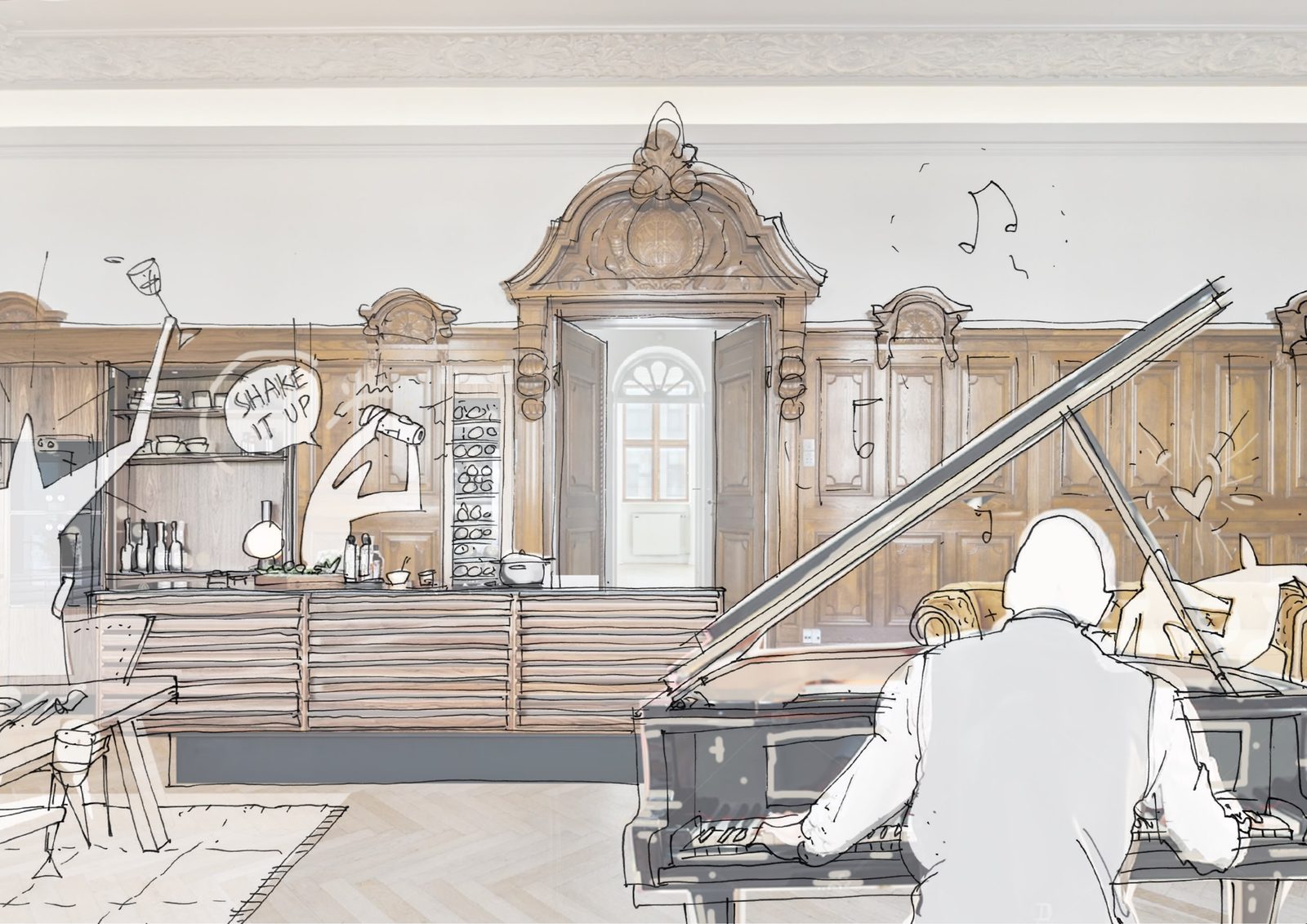 Håndtegnet skitse: Herskabs-kollektivet, nyt fælles liv i en herskabelig facade i København.